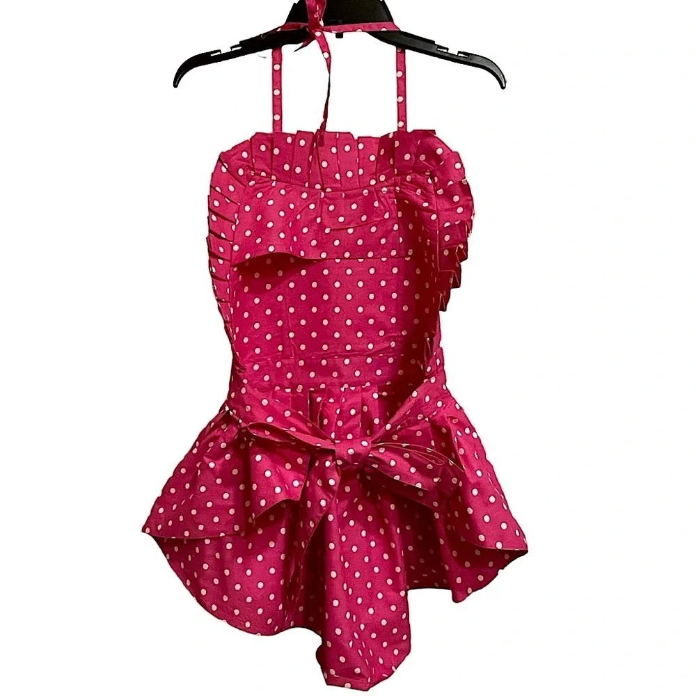 NWT Simply Savvy Co. Pink Dotted Apron Ruffles Bib Tie Back Cotton OSFM